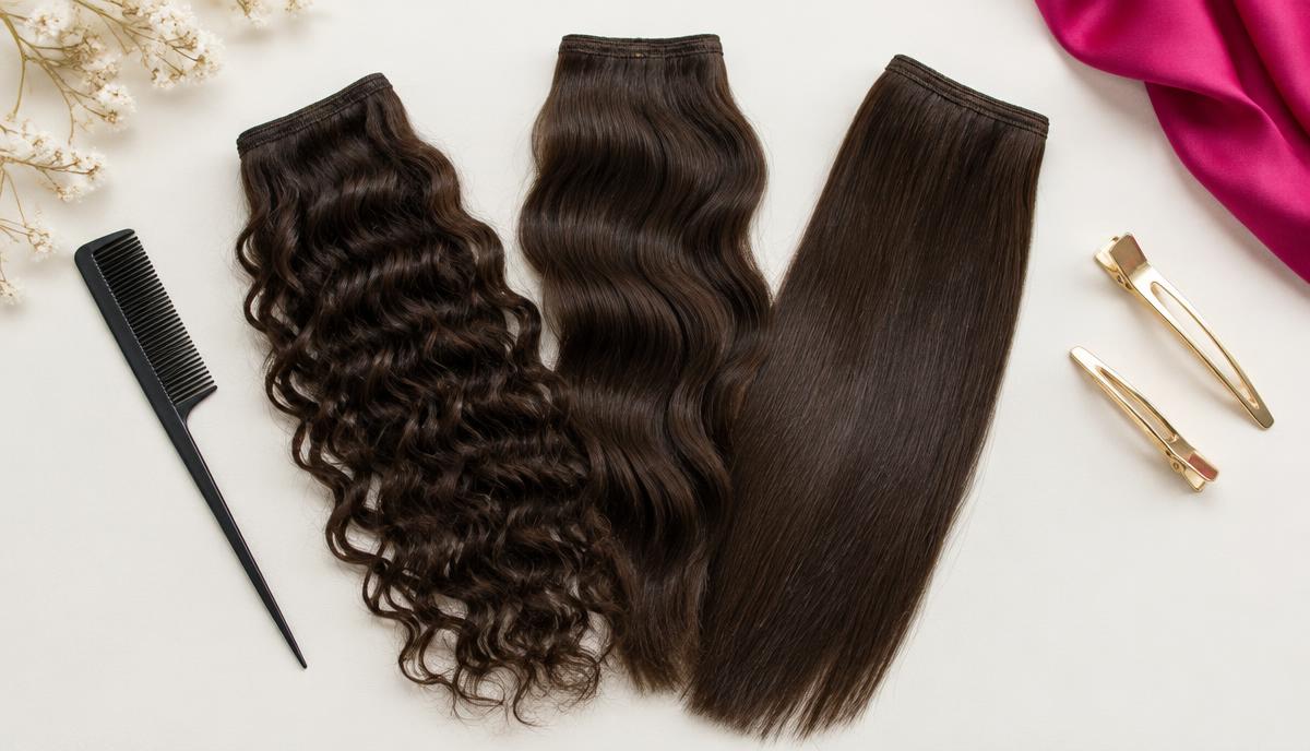 Ilustração de amostras de cabelo cacheado, ondulado e liso.