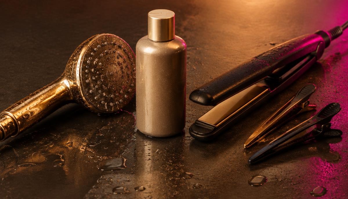 Chuveiro, frasco cosmético sem marca, prancha de cabelo e presilhas sobre bancada escura